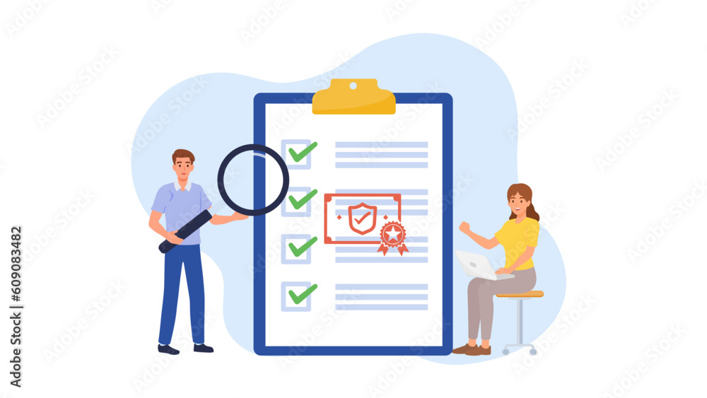 Quality control. Assurance business ISO standard certificate accept. Validation documents or authorization. Flat vector illustration.