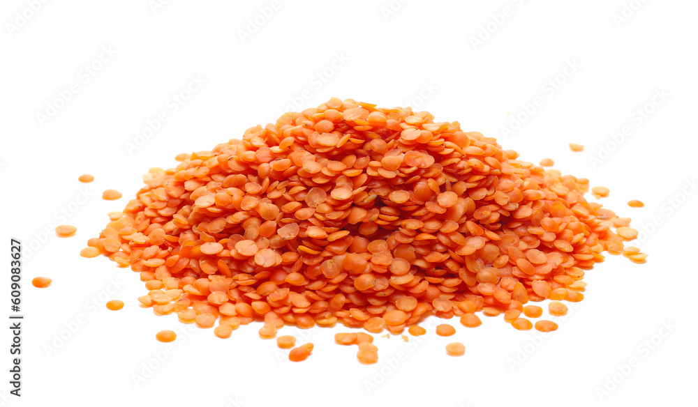 Pile red lentils isolated on white background, side view Pile red lentils isolated on white background, side view