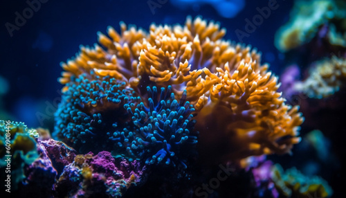 Fototapeta Naklejka Na Ścianę i Meble -  Multi colored fish swim in natural coral reef generated by AI