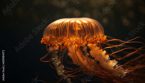 Glowing medusa tentacle in dark underwater environment generated by AI