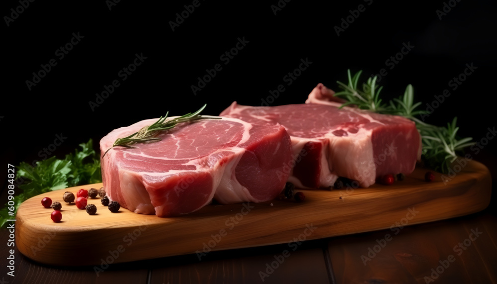Explore the freshness and allure of raw slices of pork neck as they rest on a sturdy cutting board.