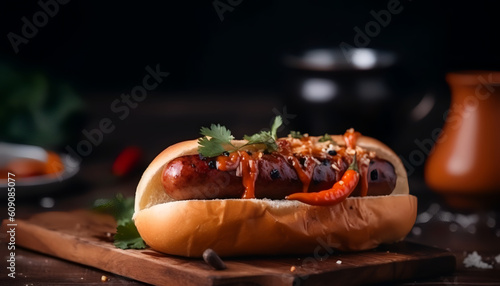 Indulge in the fiery delight of a spicy grilled sausage, nestled inside a bun made entirely of flavorful pork.