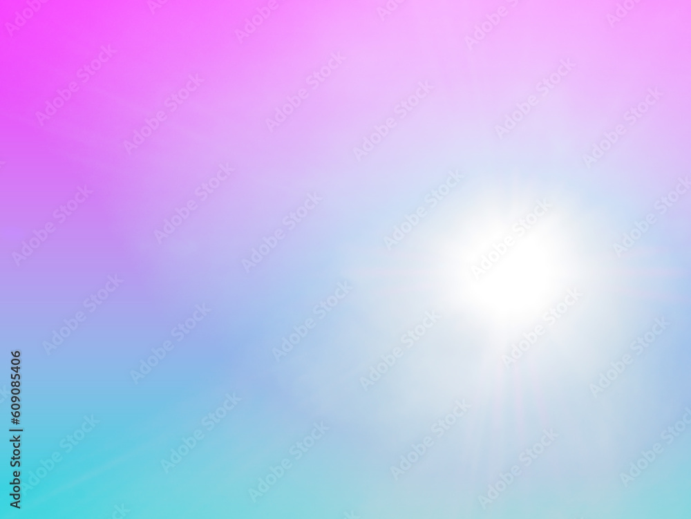 The background is composed of gradients transitioning from shades of purple to sky blue, with the radiant glow of the sun