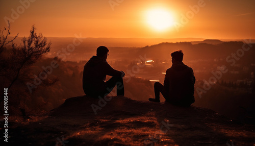 Two people sitting, backlit by sunset generated by AI