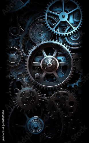 Mechanism of gears. Macro steampunk details design. Generative AI.