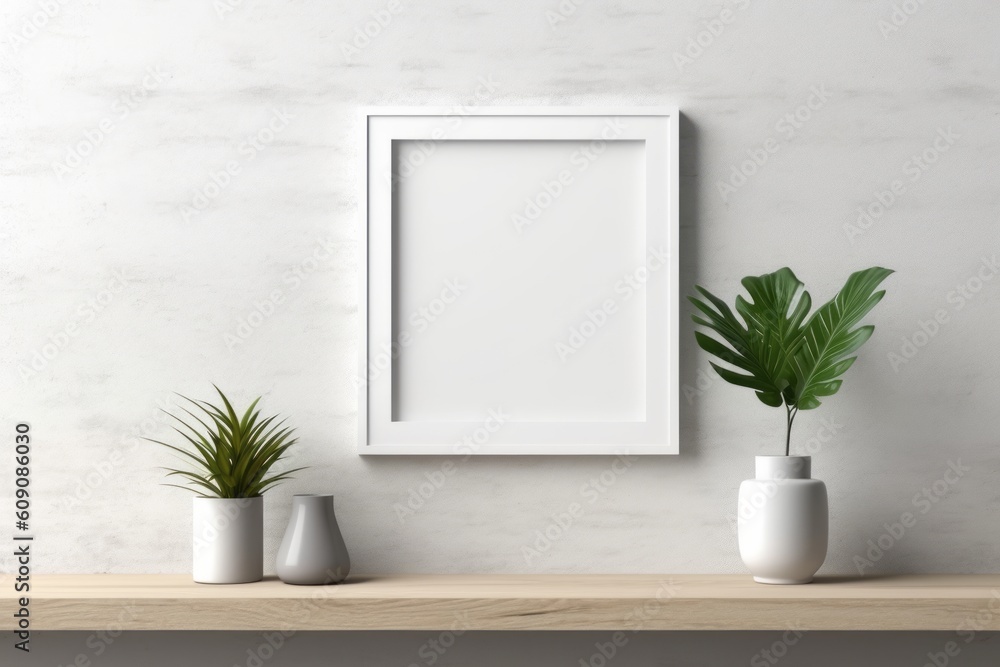 Mock-up frame in modern home and white interior with sofa, fur, table and branch. Generative AI Mock-up frame in modern home and white interior with sofa, fur, table and branch. Generative AI