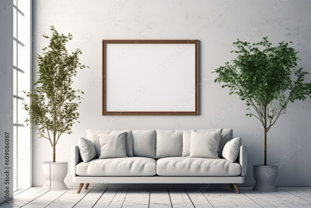 Mock-up frame in modern home and white interior with sofa, fur, table and branch. Generative AI Mock-up frame in modern home and white interior with sofa, fur, table and branch. Generative AI