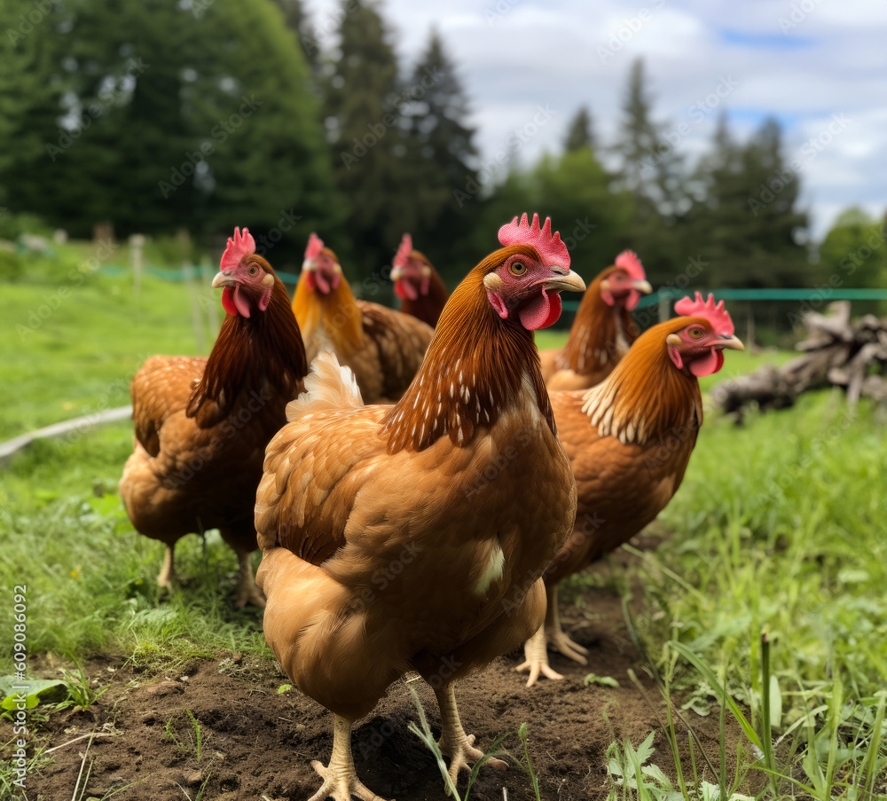 Chicken farming coiuntryside. Group of hens walking outdoor. Generative AI.
