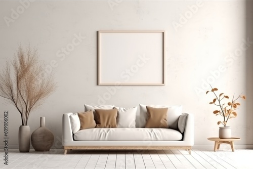 Mock-up frame in modern home and white interior with sofa, fur, table and branch. Generative AI © PrusarooYakk