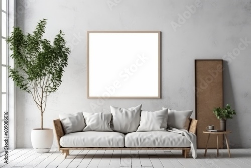 Mock-up frame in modern home and white interior with sofa, fur, table and branch. Generative AI