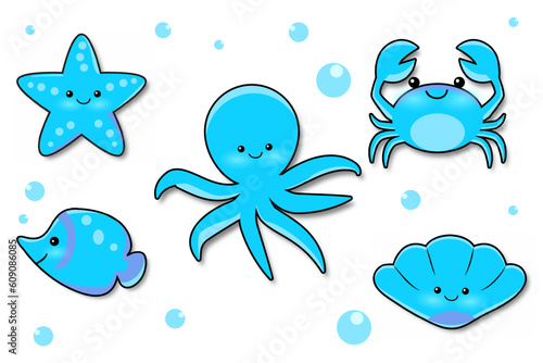 Vector illustration, starfish, fish, octopus, shells and crab with cute expressions for design elements in blue color theme
