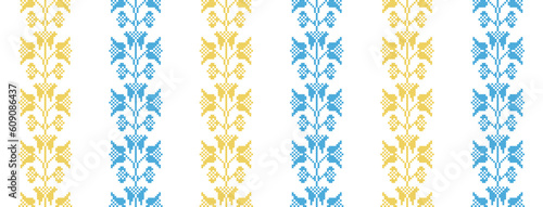 Ukrainian vector seamless fashion pattern. Decoration in blue and yellow color. Ukrainian vertical stripes fashion pattern. Pixel art, vyshyvanka, cross stitch