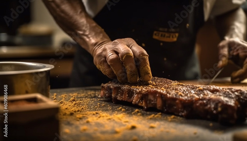 Grilled steak prepared by skilled male chef generated by AI © Jeronimo Ramos