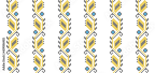 Ukrainian vector seamless fashion pattern. Decoration in blue and yellow color. Ukrainian vertical stripes fashion pattern. Pixel art, vyshyvanka, cross stitch