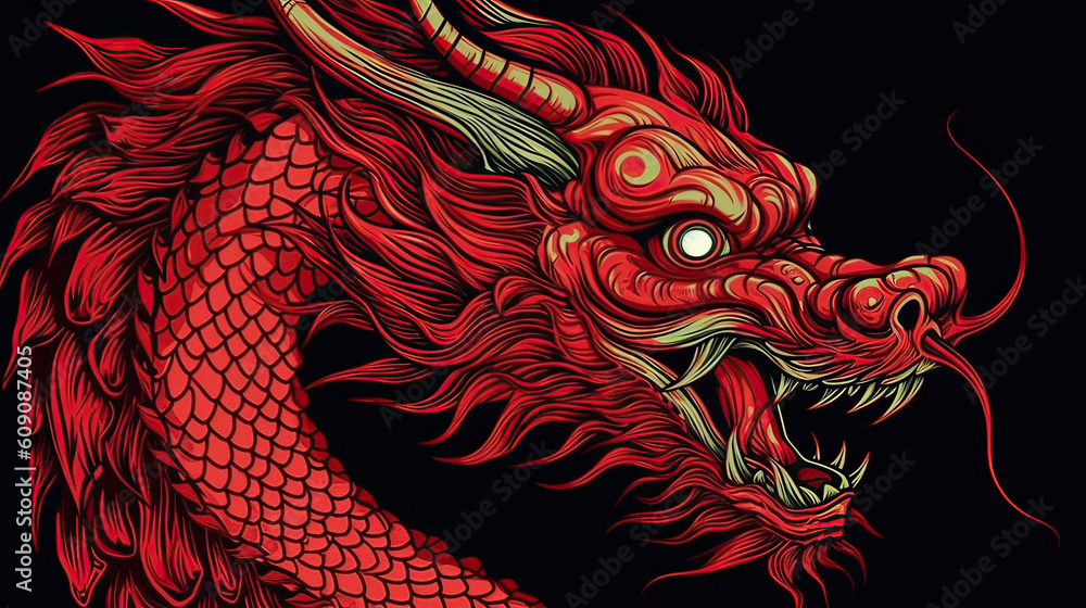 Red Chinese dragon head closeup portrait AI generative
