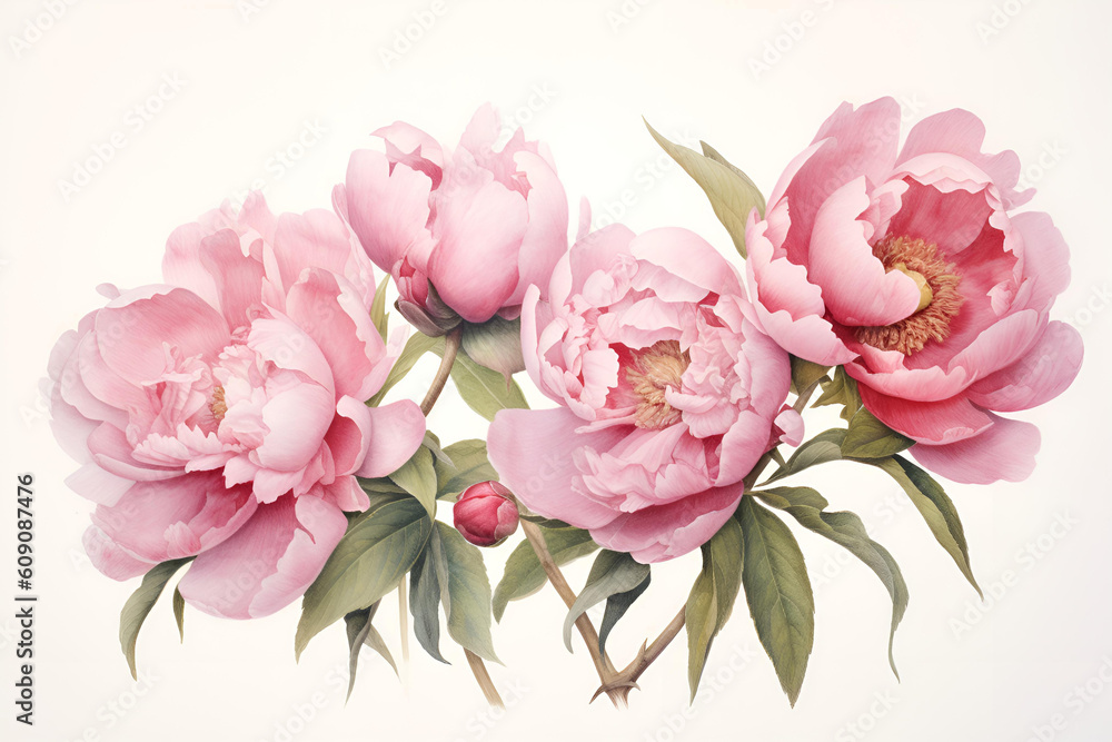 Peonies floral set illustration on white. Floral background. AI generative