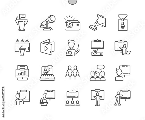 Presentation. Microphone, projector, id cart, folder, speaker. Pixel Perfect Vector Thin Line Icons. Simple Minimal Pictogram