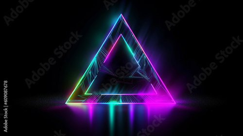 Abstract neon triangles hang in the air