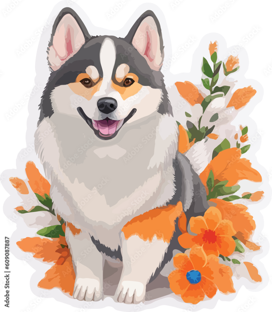 vector sticker template of siberian husky dog cartoon illustrator Stock