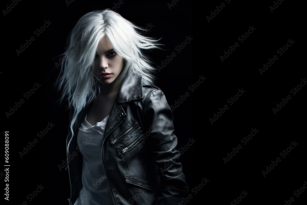 Portrait of a Fictional Rebel Woman Model in Leather Jacket and Black Jeans Standing in front of a Dark Background. Generative AI illustration. Portrait of a Fictional Rebel Woman Model in Leather Jacket and Black Jeans Standing in front of a Dark Background. Generative AI illustration.