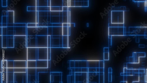 Abstract circuit blue and white global network square loop on black background, Circuit blue box seamless loop. geometric background