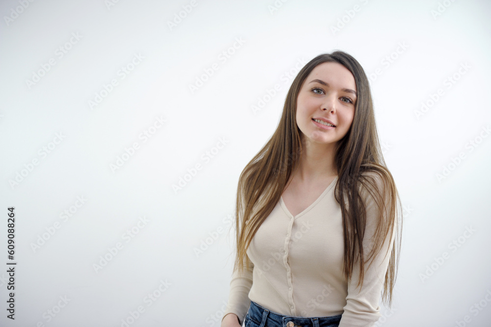 Young caucasian woman isolated on blue background laughs out loudly keeping hand on chest. High quality photo Young caucasian woman isolated on blue background laughs out loudly keeping hand on chest. High quality photo