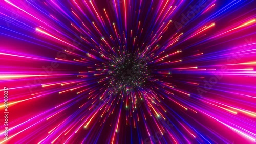 Abstract background in blue and red neon glow colors. Speed of light in galaxy. Explosion in universe. Cosmic background for event, party, carnival, celebration, anniversary or other.