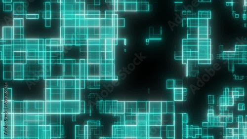Abstract circuit blue cyan and white global network square loop on black background, Circuit blue box seamless loop. geometric background