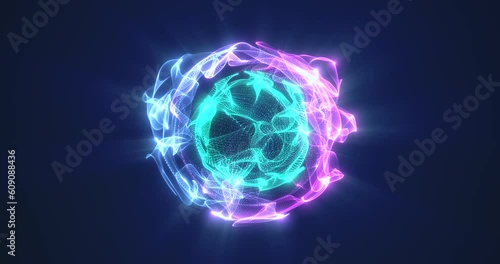 Looping animation. An abstract blue pulsating sphere of streams of particles inside a two-color sphere with a movable surface emitting blue rays. Magic ball.