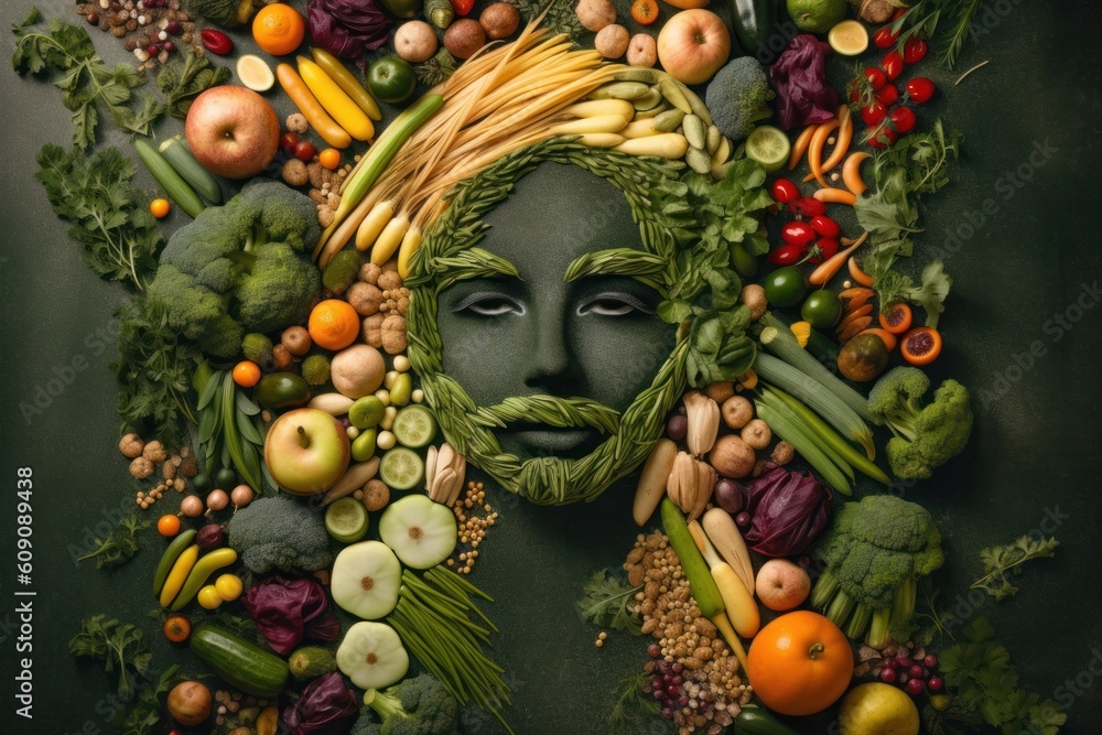 Man face portrait composed and made of vegetables and fruits, flat lay top view, food art styling. Creative food concept. Man face portrait composed and made of vegetables and fruits, flat lay top view, food art styling. Creative food concept.