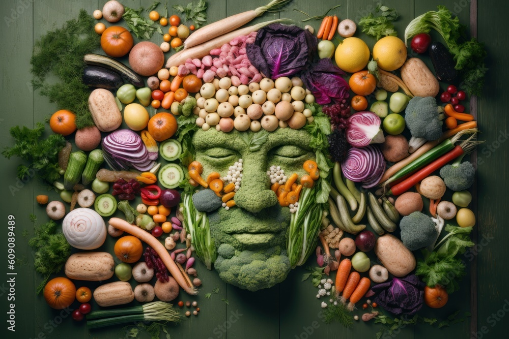 Man face portrait composed and made of vegetables and fruits, flat lay top view, food art styling. Creative food concept. 