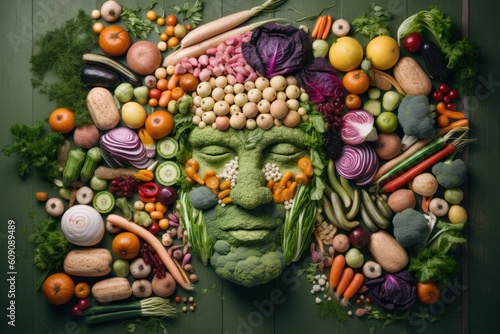 Man face portrait composed and made of vegetables and fruits  flat lay top view  food art styling. Creative food concept. 