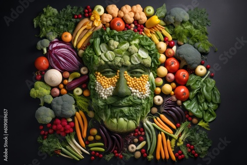 Man face portrait composed and made of vegetables and fruits  flat lay top view  food art styling. Creative food concept. 