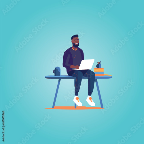 vector illustration, happy sitting man working on notebook