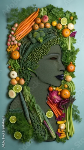 Woman face portrait composed and made of vegetables and fruits  flat lay top view  food art styling. Creative food concept. 