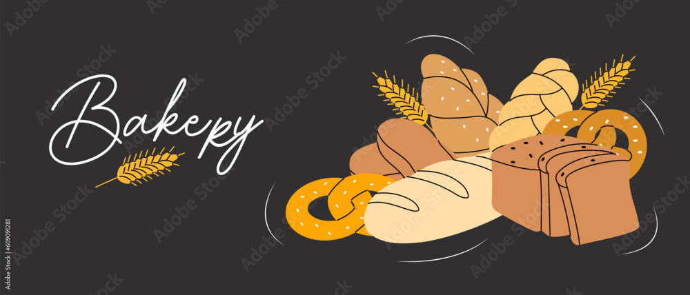 Bakery background. Breads and pastry collection. Bread house. Wheat ...