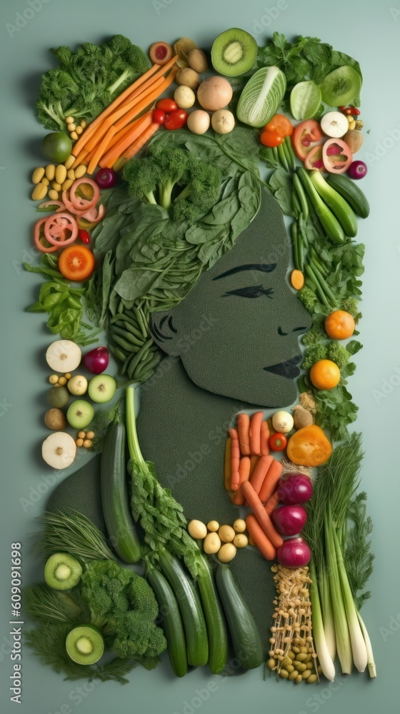 Obraz premium Woman face portrait composed and made of vegetables and fruits, flat lay top view, food art styling. Creative food concept.