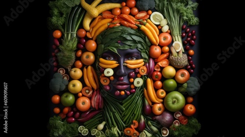 Woman face portrait composed and made of vegetables and fruits, flat lay top view, food art styling. Creative food concept. 