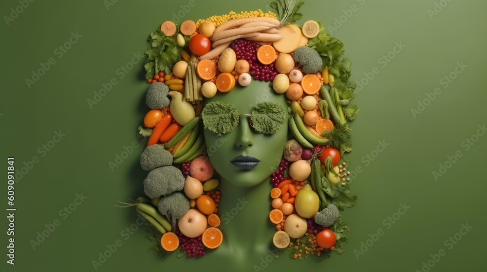 Woman face portrait composed and made of vegetables and fruits, flat lay top view, food art styling. Creative food concept. 