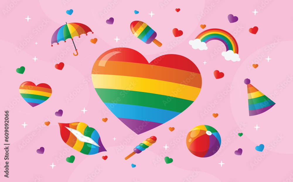 Pride LGBT symbols. Pride month, love signs and rainbow flags. LGBTQ ...