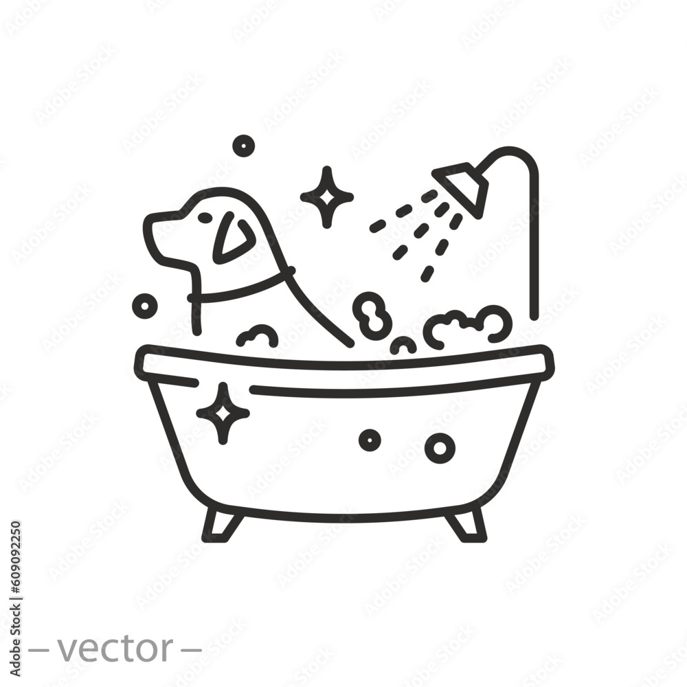 Samolepka washing dogs icon, pet bathe or care, animal bathtub, line symbol on white backg