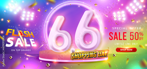 6.6 shopping day poster or banner on pink, purple and green background banner template design. Big sale event on the stage of the spotlight LED and neon lighting. Special Offer Sale 50% Off. Vector.