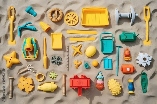 beach toys tools beach view flat lay professional photography ai generated