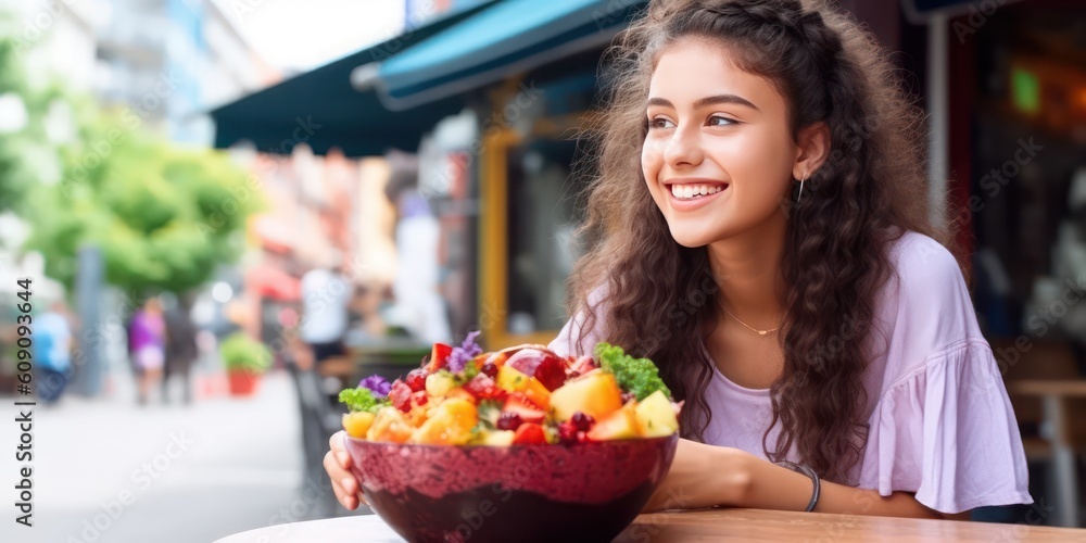 happy smiling young adult ready to each a delicious Acai fruit bowl at an outside café demonstrating healthy eating - generative AI happy smiling young adult ready to each a delicious Acai fruit bowl at an outside café demonstrating healthy eating - generative AI