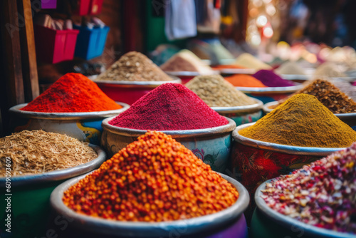 Colourful piles of spices on an Eastern market. Generative AI.