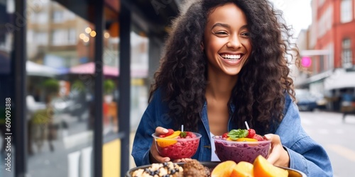 happy smiling young adult ready to each a delicious Acai fruit bowl at an outside caf   demonstrating healthy eating - generative AI  