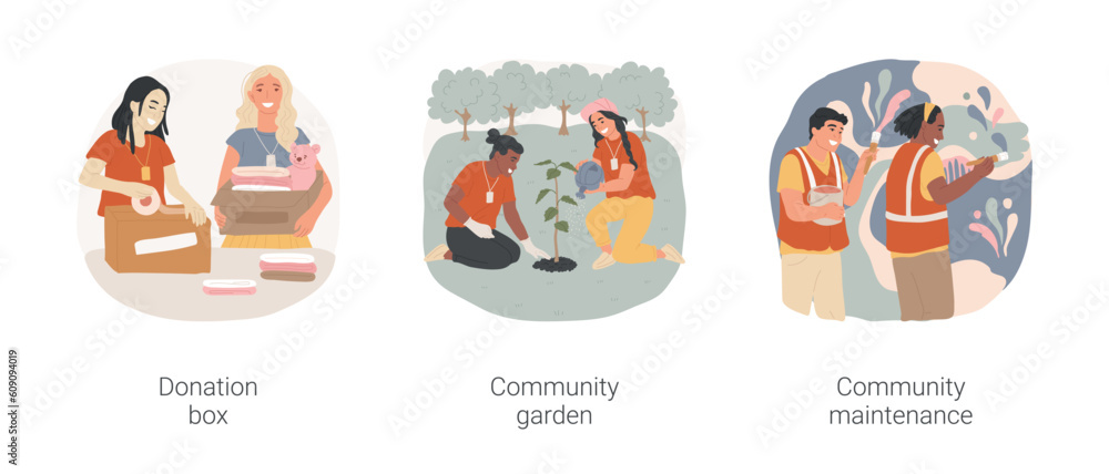 Charity work isolated cartoon vector illustration set. Teenagers packing donation box, volunteer planting trees in community garden, creating artwork in neighborhood, maintenance vector cartoon.