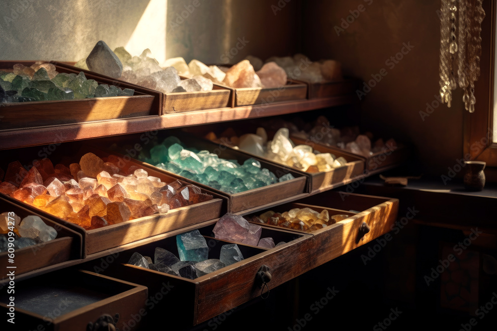 Colourful mineral stones and gems on wooden shelves of a gemstone store. Generative AI. Colourful mineral stones and gems on wooden shelves of a gemstone store. Generative AI.