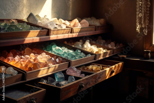 Colourful mineral stones and gems on wooden shelves of a gemstone store. Generative AI.