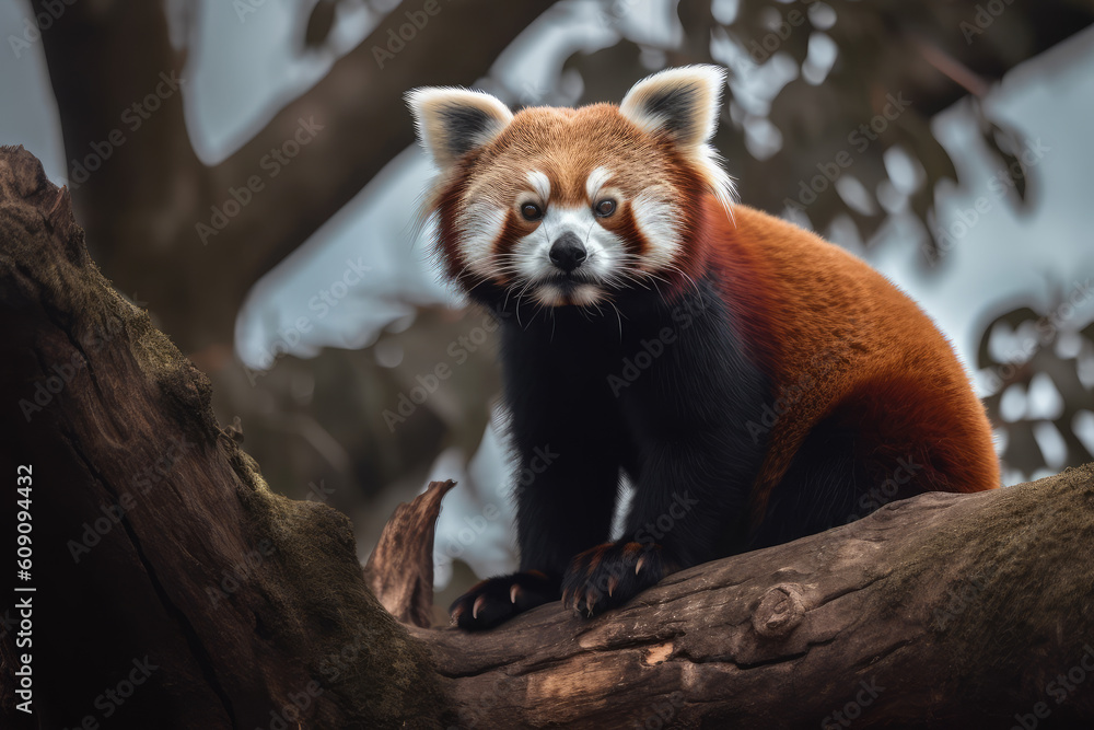 Fototapeta premium red panda on top of a tree, beautiful background, forest background, ai generated.